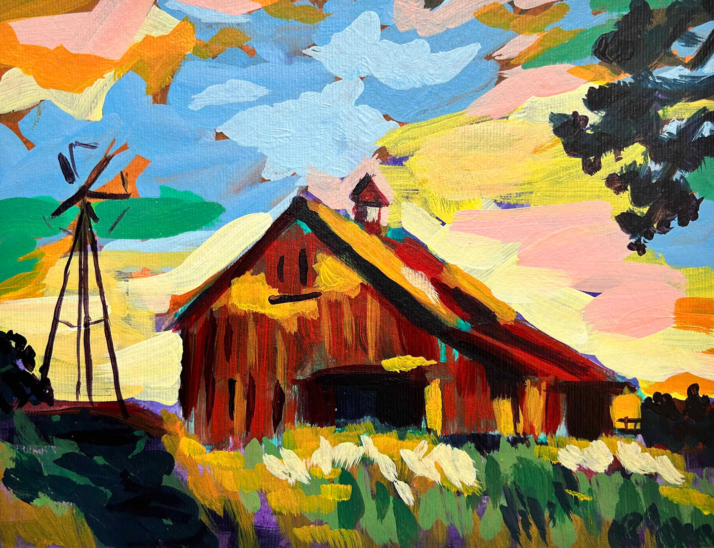 Barn and Windmill at Sunset